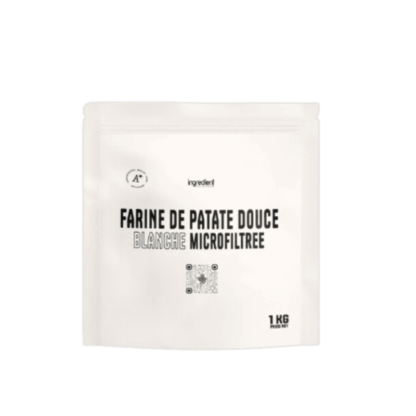 Farine de patate douce blanche, sans gluten, riche en fibres, idéale pour shakes et recettes saines.