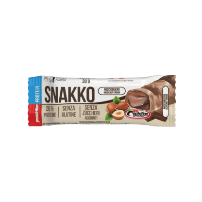 Gaufrette protéinée Snakko, enrobée de chocolat au lait, avec crème au beurre de cacahuète, sans gluten et faible en sucre.